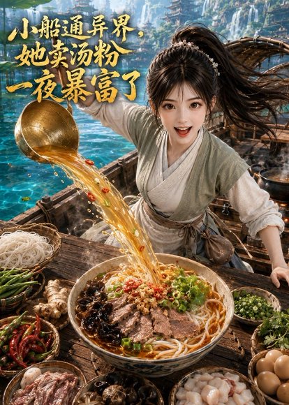 短剧《小船通异界,她卖汤粉一夜暴富了(62集)AI短剧 (2026)》海报